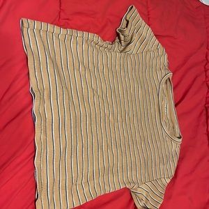 Nice mustard yellow shirt with blue and white stripes.